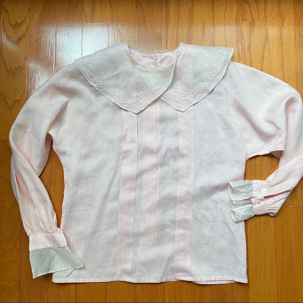 Pale pink ramie  blend  blouse with silk collar